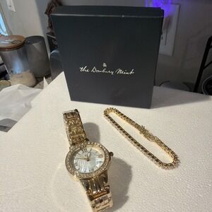 Danbury Mint Gold-tone Watch MOP Dial and Crystal Tennis Bracelet Box Set NWOT